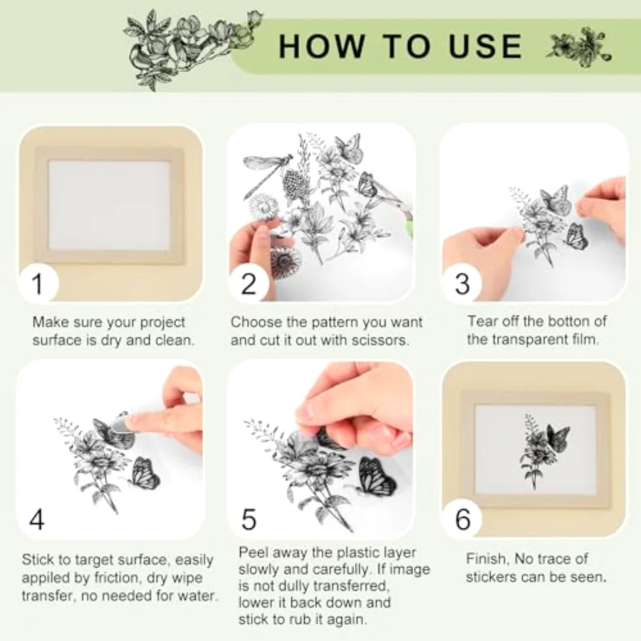 12 Sheet Floral Bird Butterfly Rub on Transfer for Crafts Vintage Black, view 3