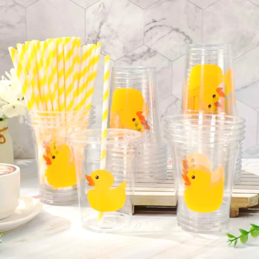 50 Pcs Yellow Duck Plastic Cups with Lids and Straws 12 Oz Cute Duck, view 4
