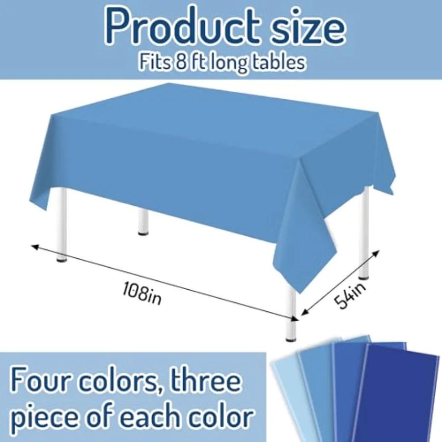 12Pcs Dusty Blue Plastic Tablecloth Rectangle Table Cover 4 Blue Colors, view 2