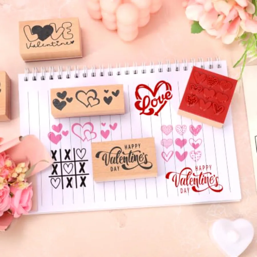 6Pcs Valentine's Day Rubber Stamp Heart Love Wooden Stamps Cute Heart, view 3