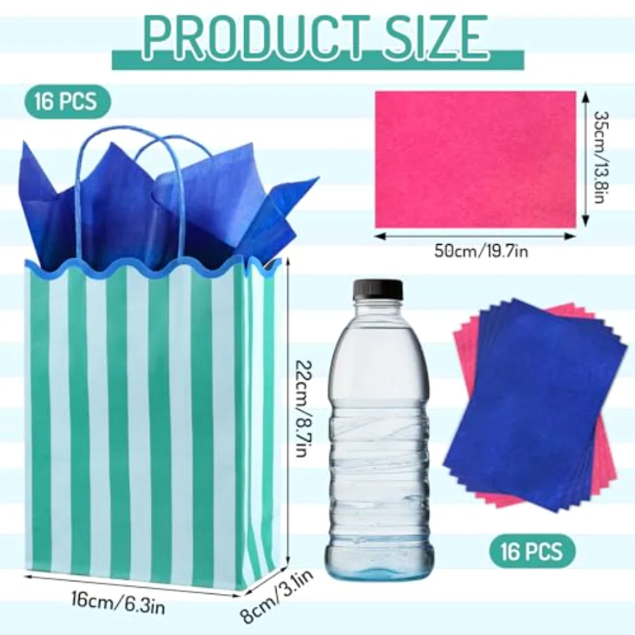 16 Pcs Striped Paper Gift Bags Party Favor Bags with Handles and Tissue, view 2