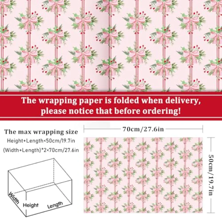 Christmas Floral Wrapping Paper Pink Christmas Tree Bow Gift Wrap Paper, view 2