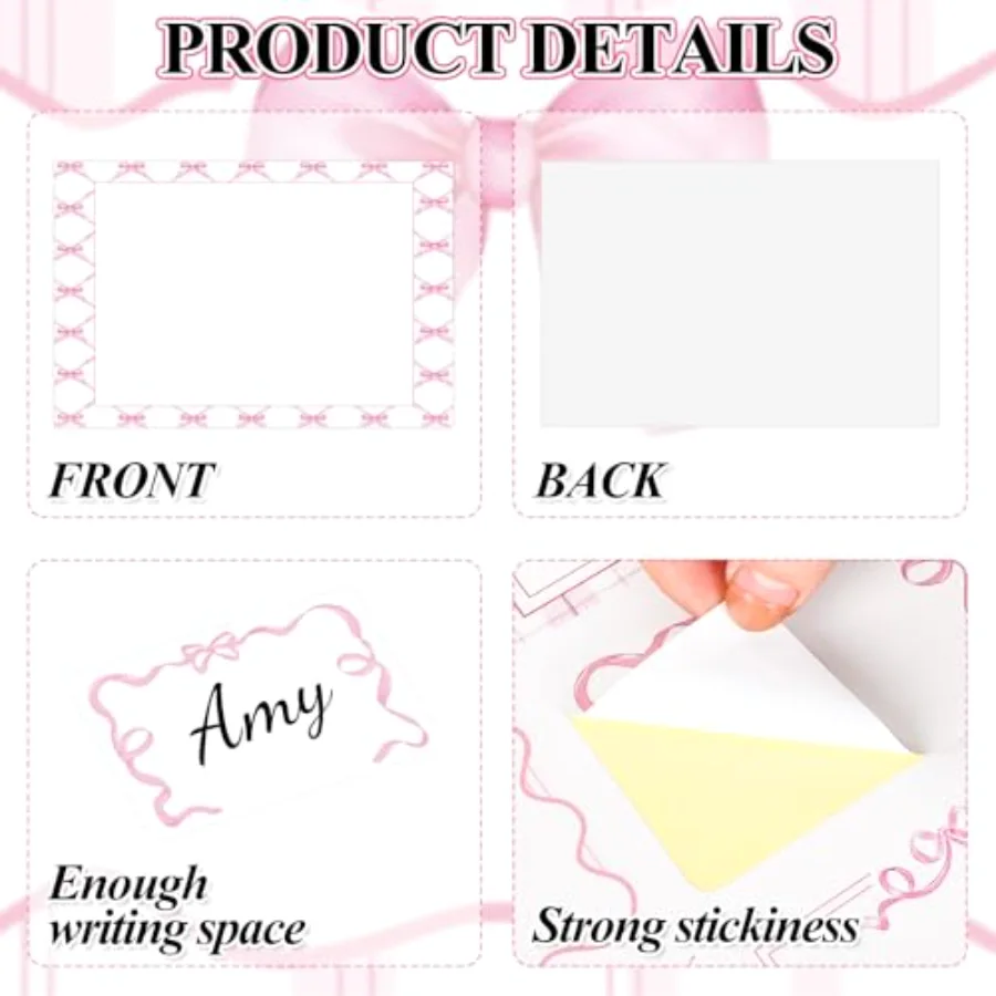 180 Pcs Pink Bow Name Tag Stickers Pretty Bowknot Rectangle Nameplate, view 3