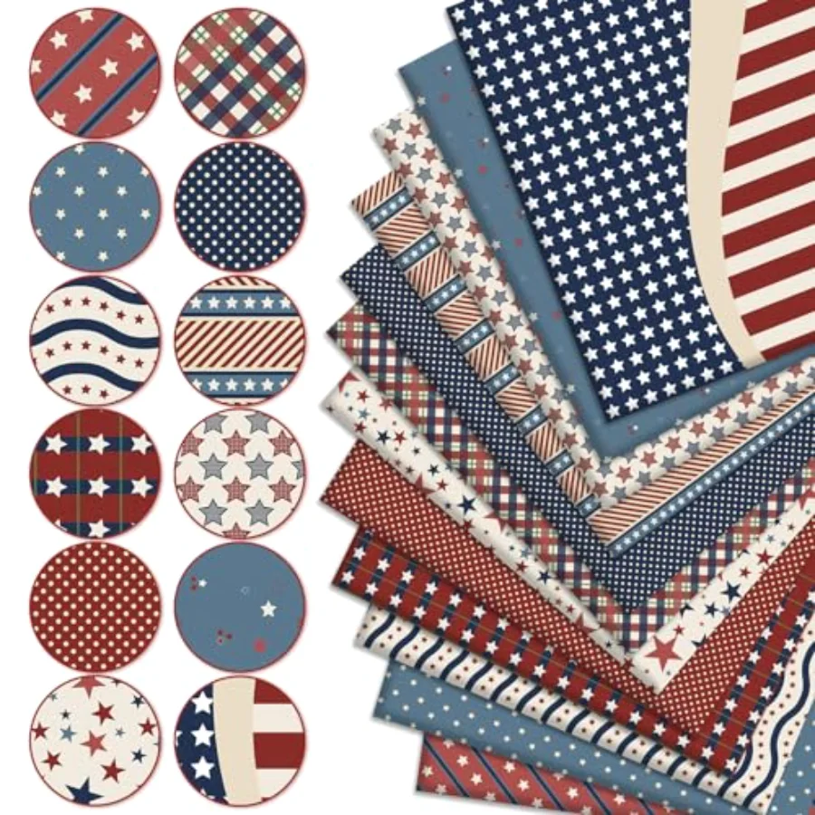 12 Pcs Patriotic Cotton Fabric Bundles Vintage Plaid Stripe Star Fabric, view 3