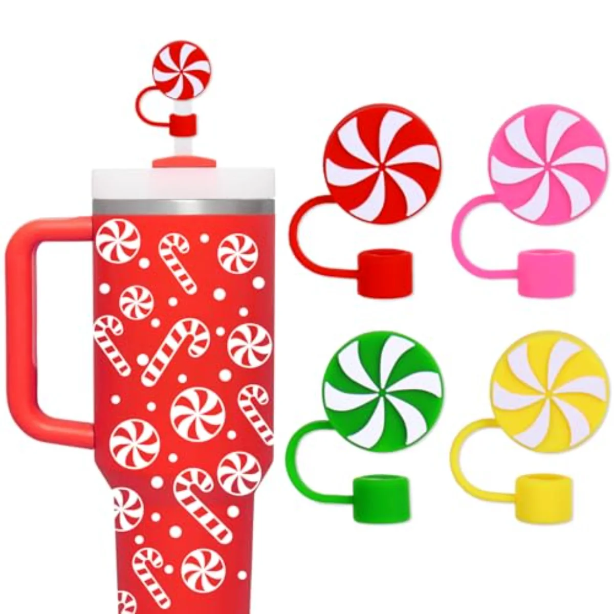 4 Pcs Christmas Straw Cover Cap Peppermint Candy Reusable Silicone Straws
