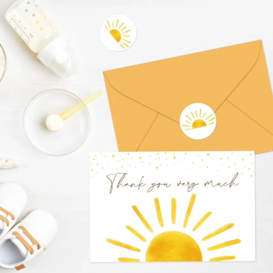 30 Pack Baby Shower Thank You Cards with Envelopes Stickers Boho Sun, view 4