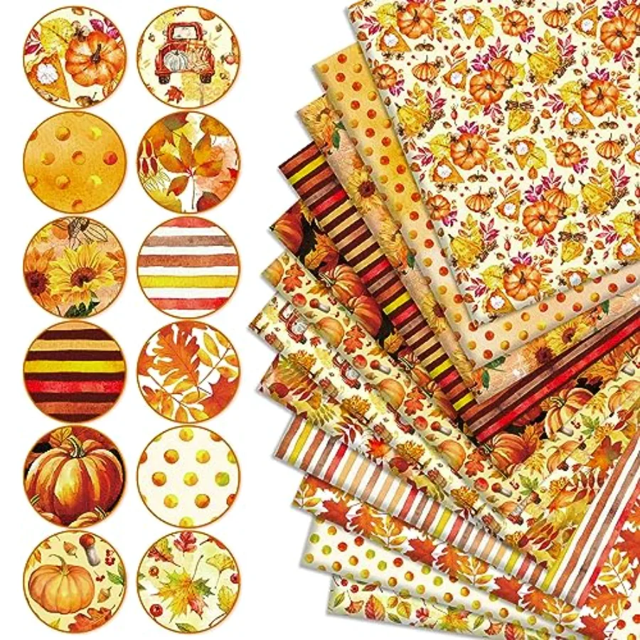 12 Pcs Fall Cotton Fabric Bundles 18 x 22 Inch Watercolor Pumpkin Maple, view 3