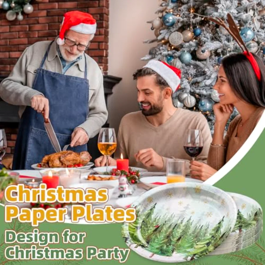 50Pcs Christmas Winter Oval Paper Plates 12" x 10" Large Xmas Tree, view 4