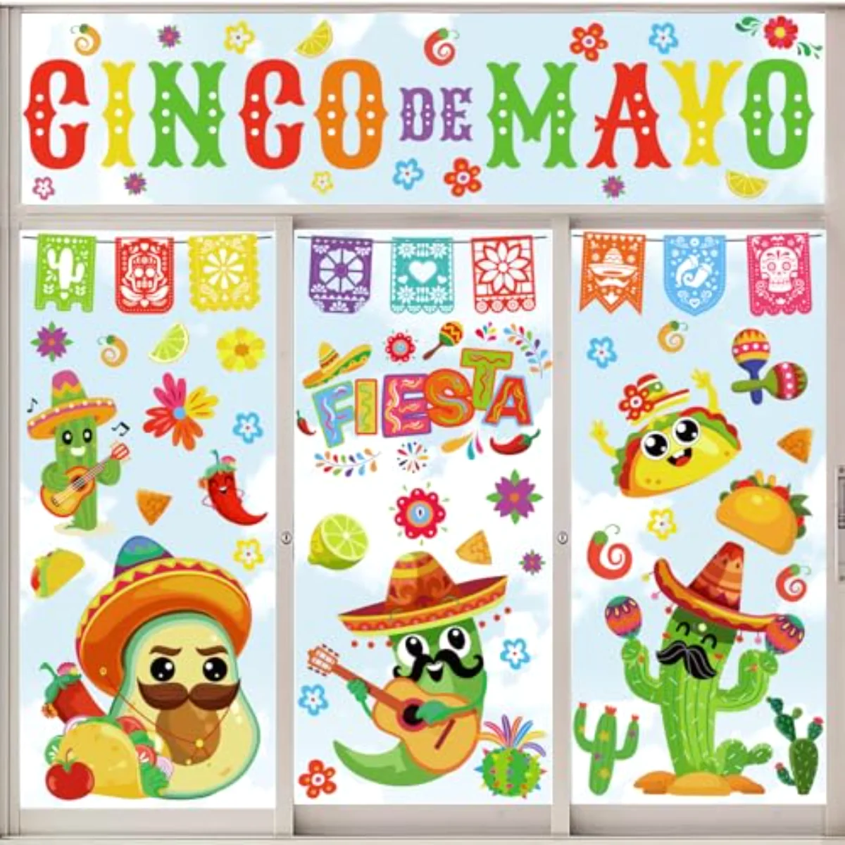 9 Sheet Mexican Fiesta Party Window Clings Cinco De Mayo Cactus Guitar
