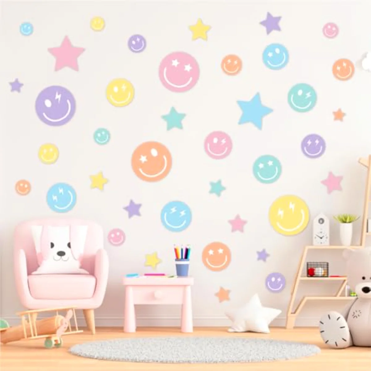12 Sheets Preppy Wall Stickers Pastel Smile Face Star Wall Decals