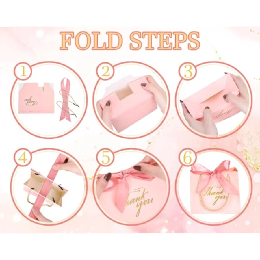 50 Pcs Thank You Paper Gift Bags with Bows Pink Candy Treat Bags with, view 3
