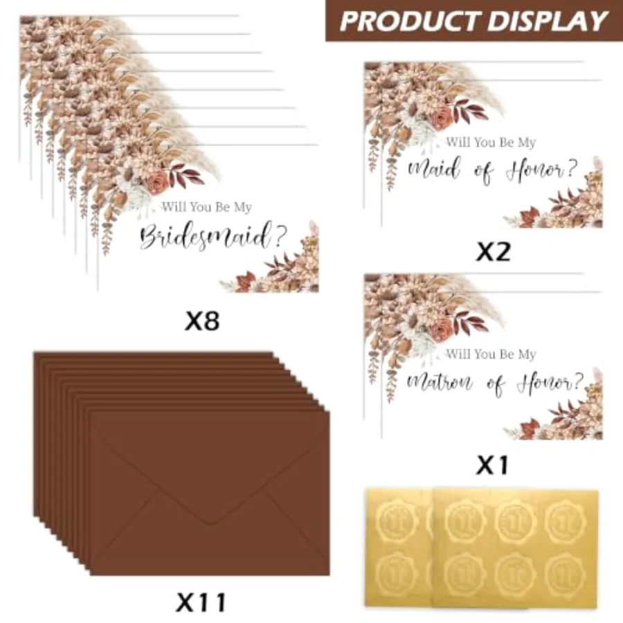 11Pcs Fall Bridesmaid Proposal Cards with Envelopes Stickers Retro Boho, view 3