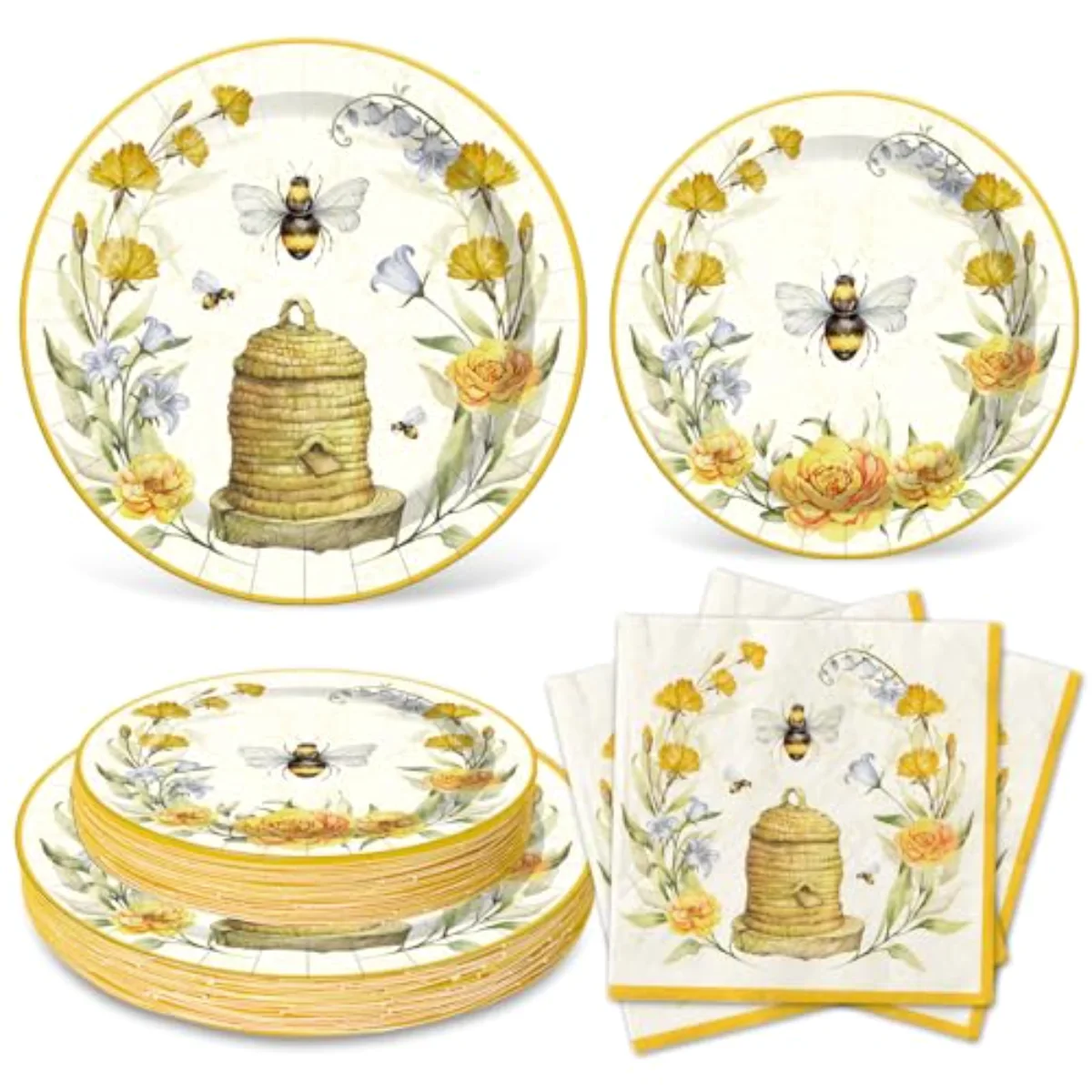 Bee Paper Plates and Napkins Set Summer Bee Flower Disposable Dinnerware