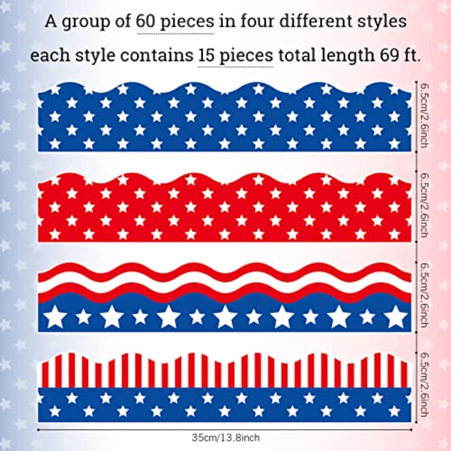 69Ft 4th of July Bulletin Board Border 60 Pcs Red Blue White Stars Stripes, view 2