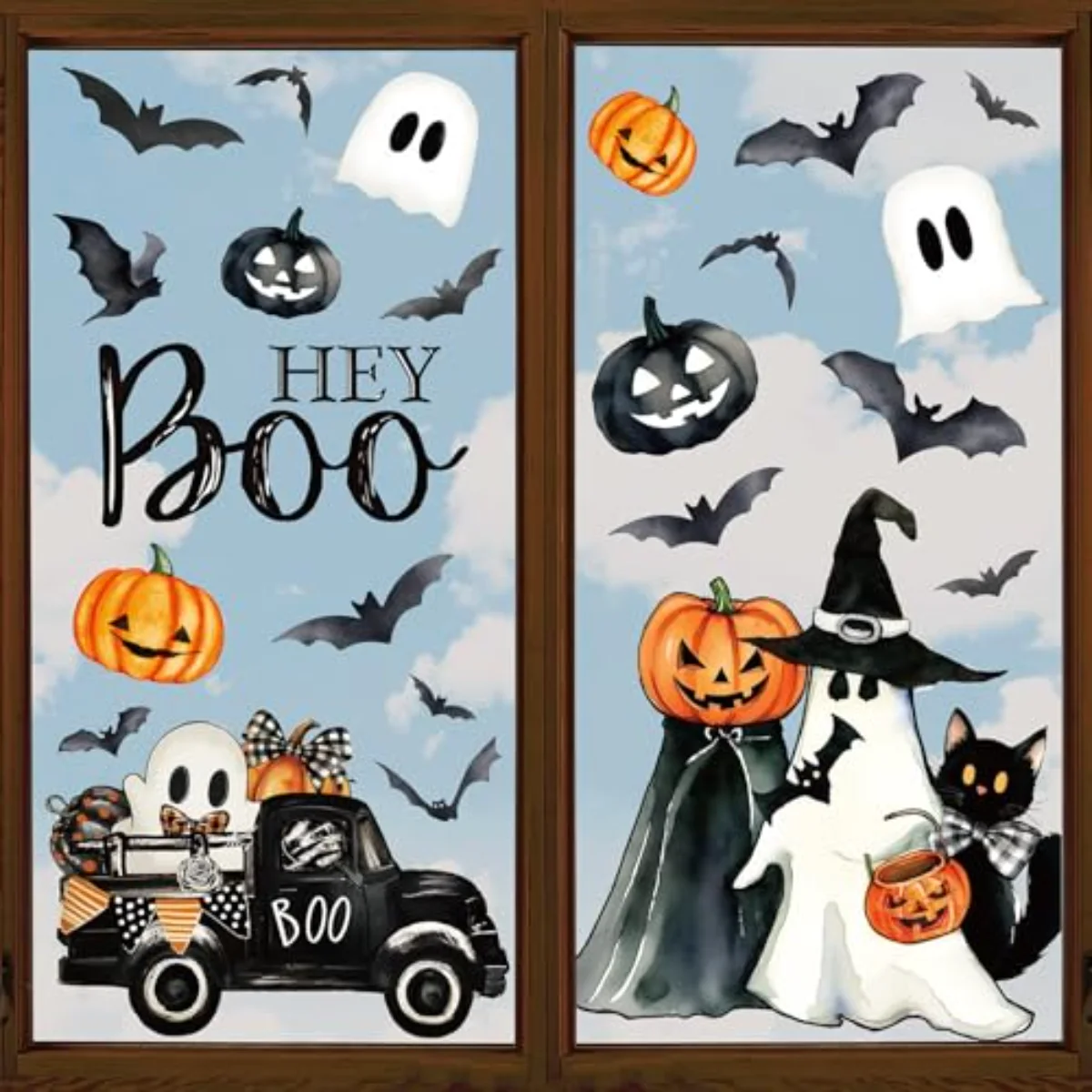 6 Sheets Halloween Window Clings Vintage Hey Boo Ghost Evil Pumpkin Bat