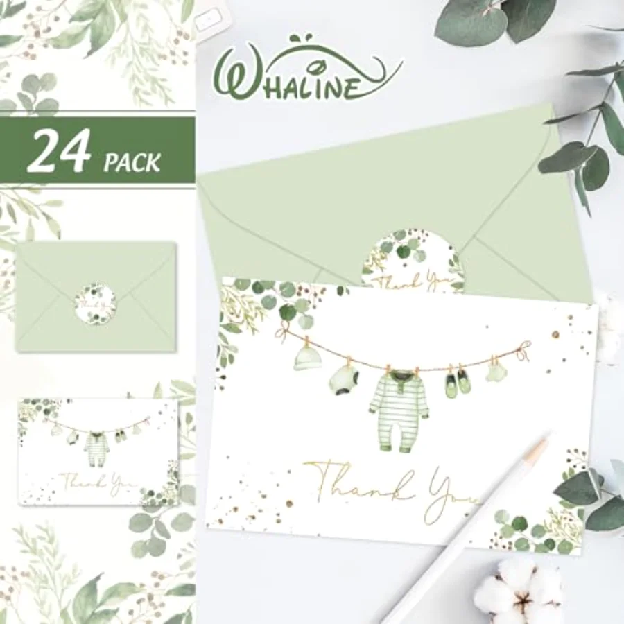 Baby Shower Thank You Cards 24 Pack Green Baby Note Cards with Envelope, view 3