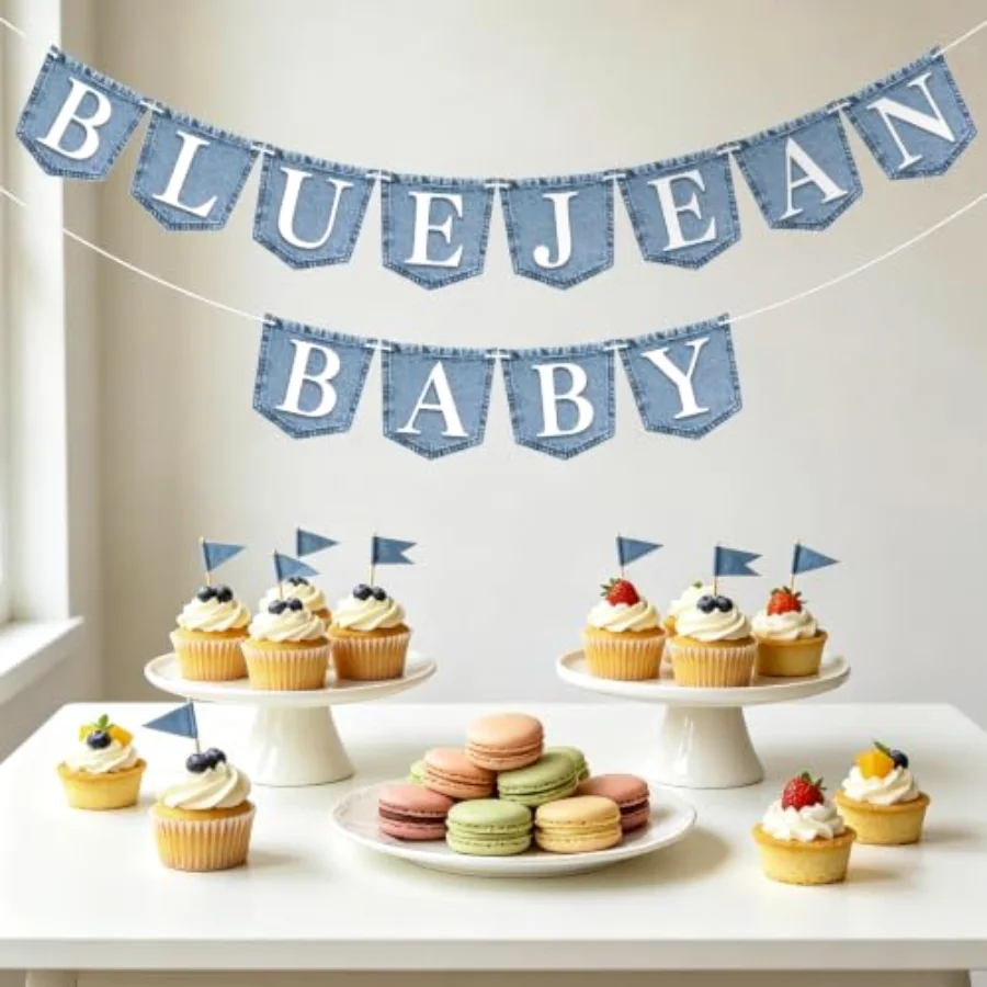 2 Pcs Blue Jean Baby Paper Banner Denim Hanging Bunting Garland DIY, view 3