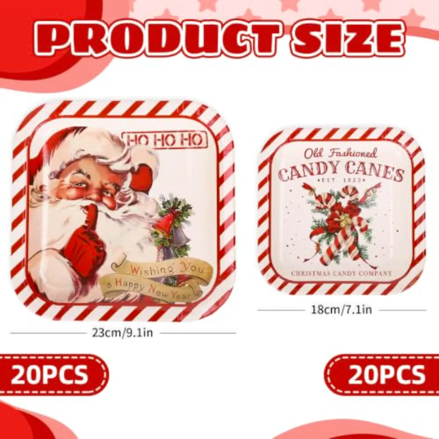 40Pcs Christmas Vintage Tableware Set Santa Candy Cane Stripe Paper Plates, view 2