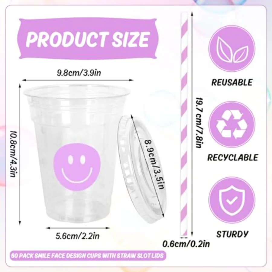 60 Pcs Smile Face Disposable Plastic Cups with Lids and Straws 12 oz, view 2