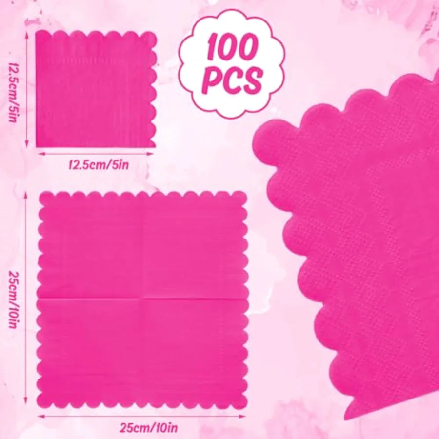 100 Pcs Hot Pink Cocktail Napkins Scalloped Paper Napkin Thick Disposable, view 2