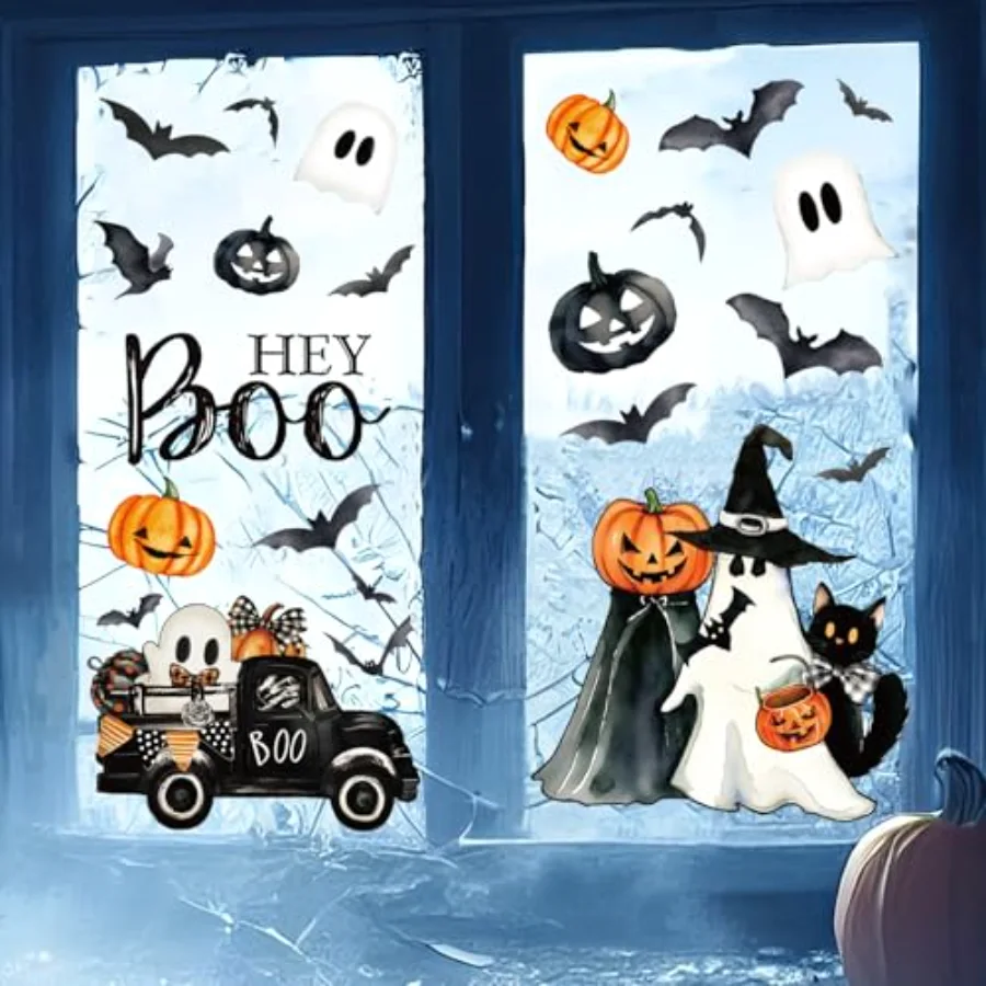 6 Sheets Halloween Window Clings Vintage Hey Boo Ghost Evil Pumpkin Bat, view 3