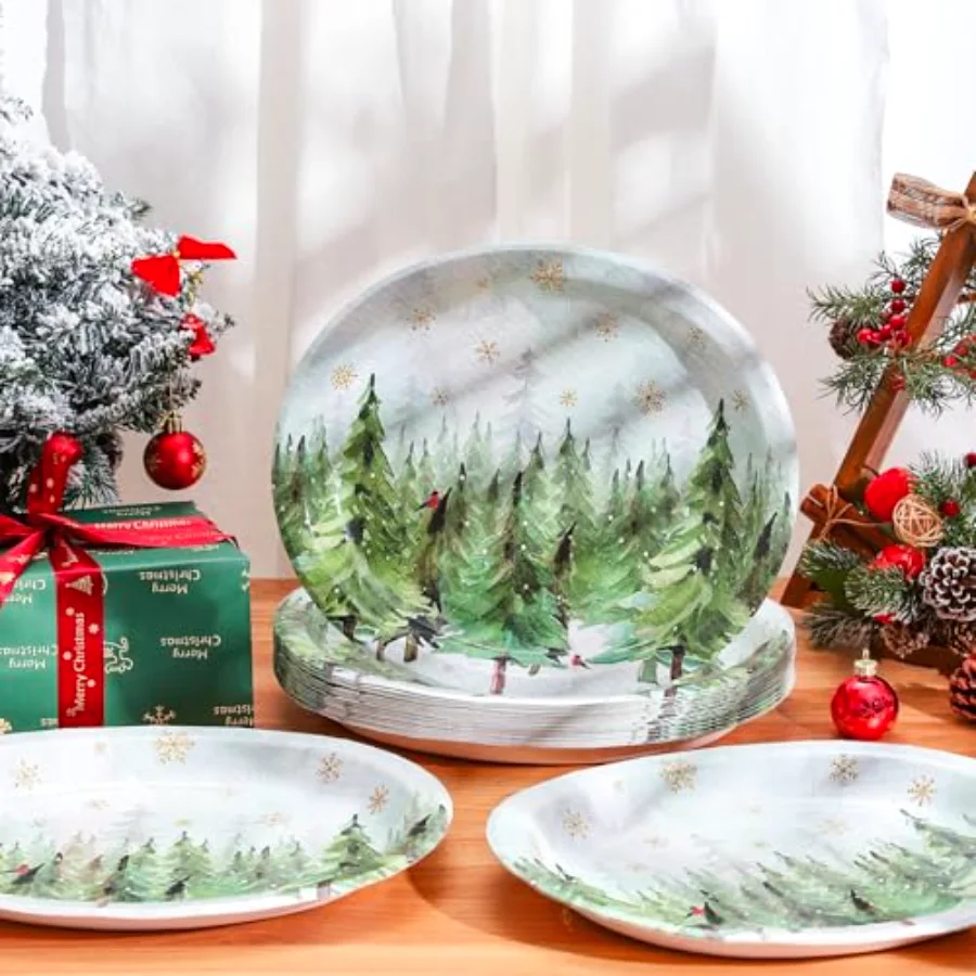 50Pcs Christmas Winter Oval Paper Plates 12" x 10" Large Xmas Tree, view 3