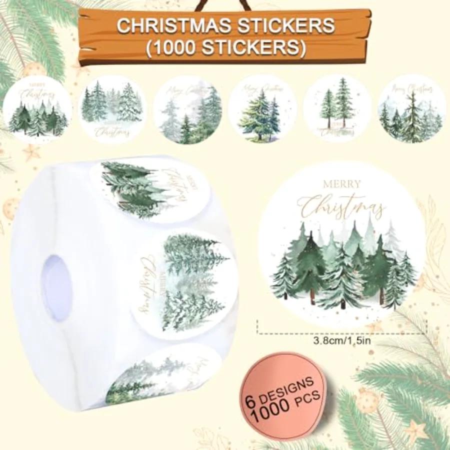 1000Pcs Merry Christmas Stickers Roll Watercolor Forest Decals Green Xmas, view 2