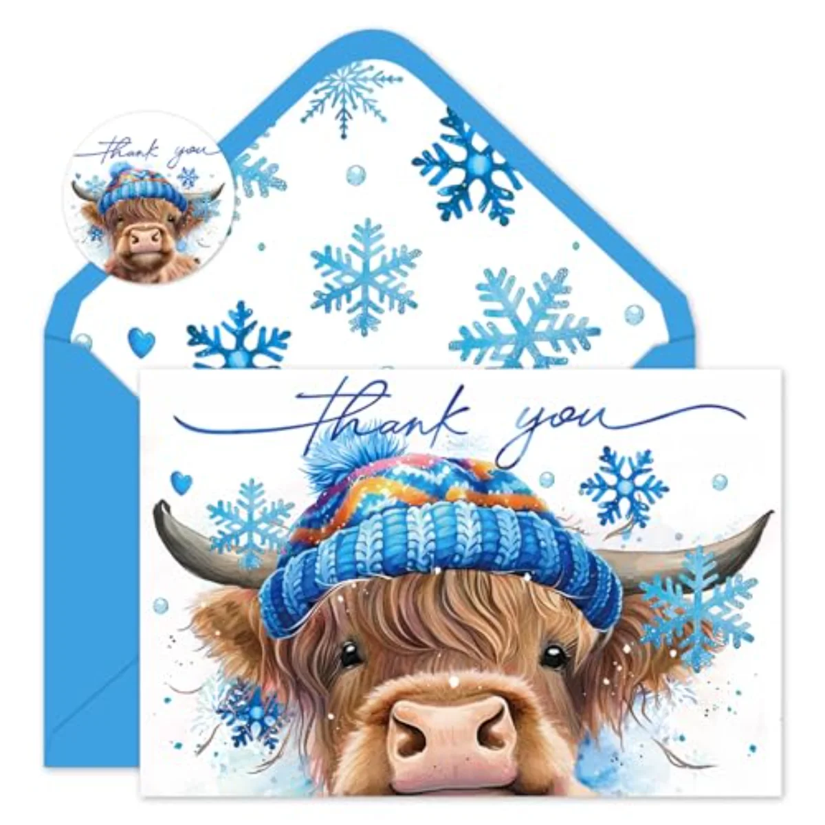 24 Pcs Winter Highland Cow Thank You Cards Blue Snowflake Brown Cow Note