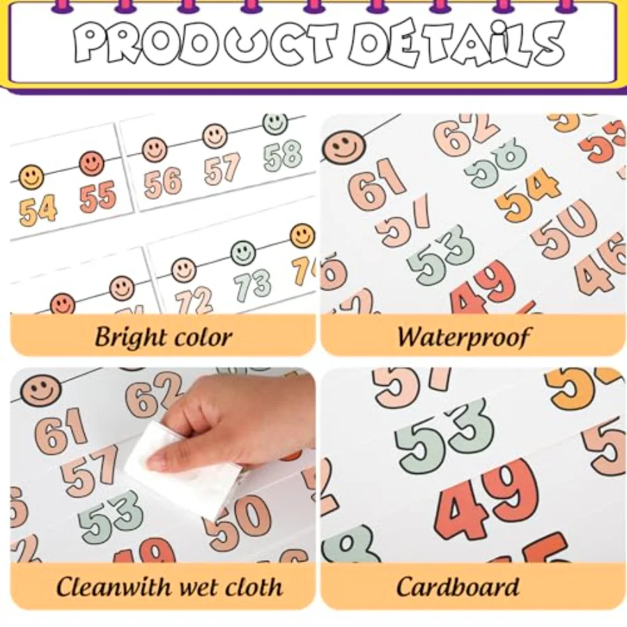 32 Pcs Boho Number Line Bulletin Board Colorful Smile Face Number Line, view 3