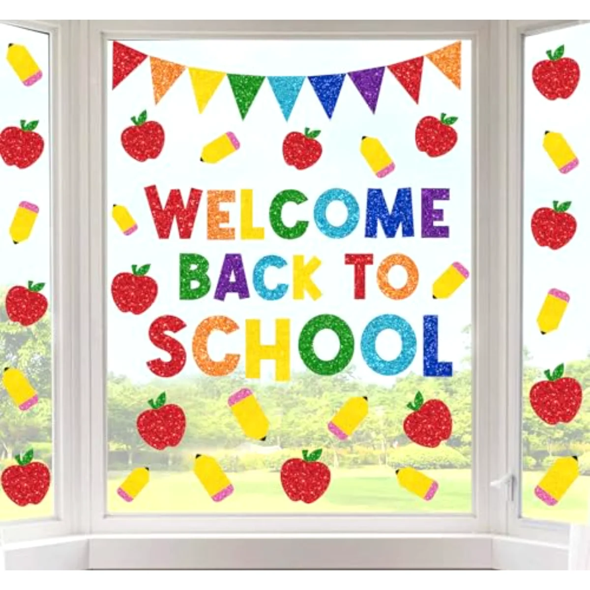 9 Sheet Welcome Back to School Window Clings Sparkly Colorful Pencil