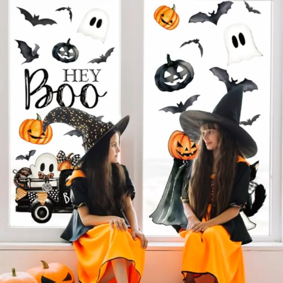 6 Sheets Halloween Window Clings Vintage Hey Boo Ghost Evil Pumpkin Bat, view 4