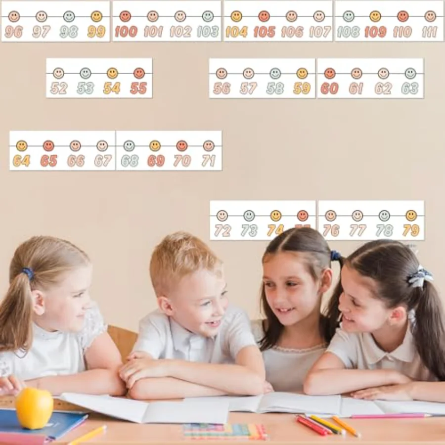 32 Pcs Boho Number Line Bulletin Board Colorful Smile Face Number Line, view 4