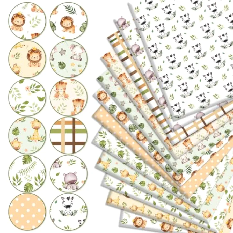 12Pcs Safari Cotton Fabric Bundles Watercolor Safari Animals Printed Fat, view 3