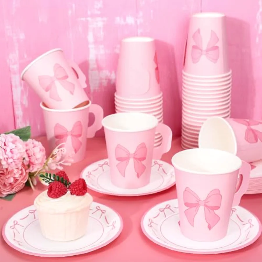 80 Pcs Tea Party Supplies 9oz Pink Bow Paper Tea Cups and Saucers Coquette, view 4