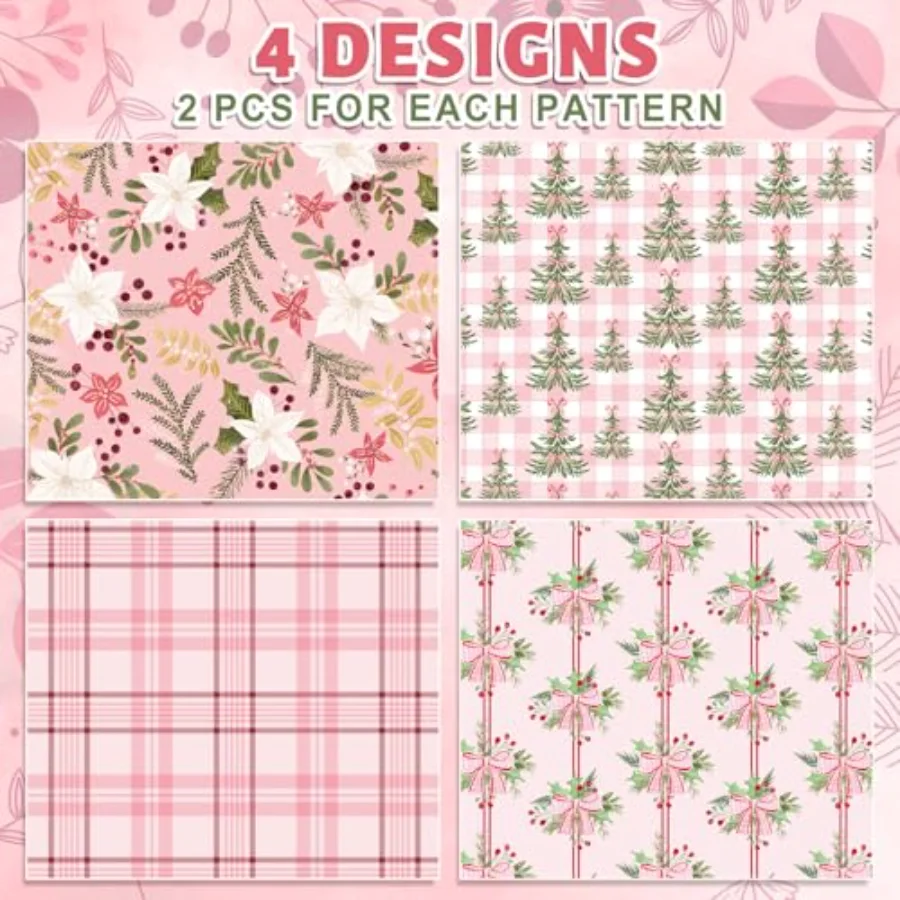 Christmas Floral Wrapping Paper Pink Christmas Tree Bow Gift Wrap Paper, view 3