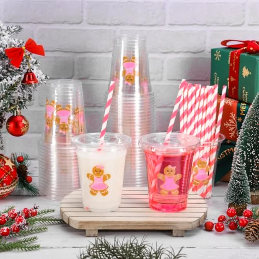 50 Pcs 12 Oz Christmas Disposable Plastic Cups with Lids and Straws Cute, view 4