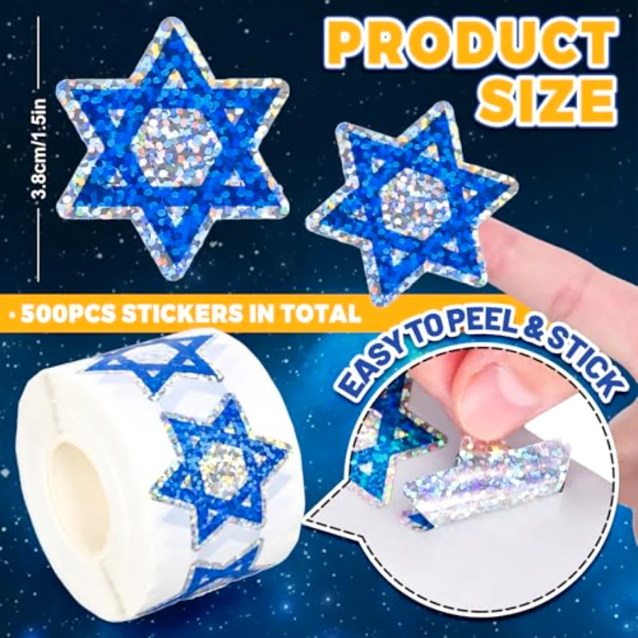 Hanukkah Stickers Roll Glitter Chanukah Star Seal Stickers Waterproof, view 2