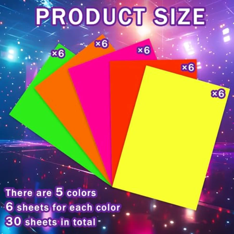 30Pcs 8.3 x 11.7 Inch Neon Colored Stickers Glow in The Dark Self-Adhesive, view 3