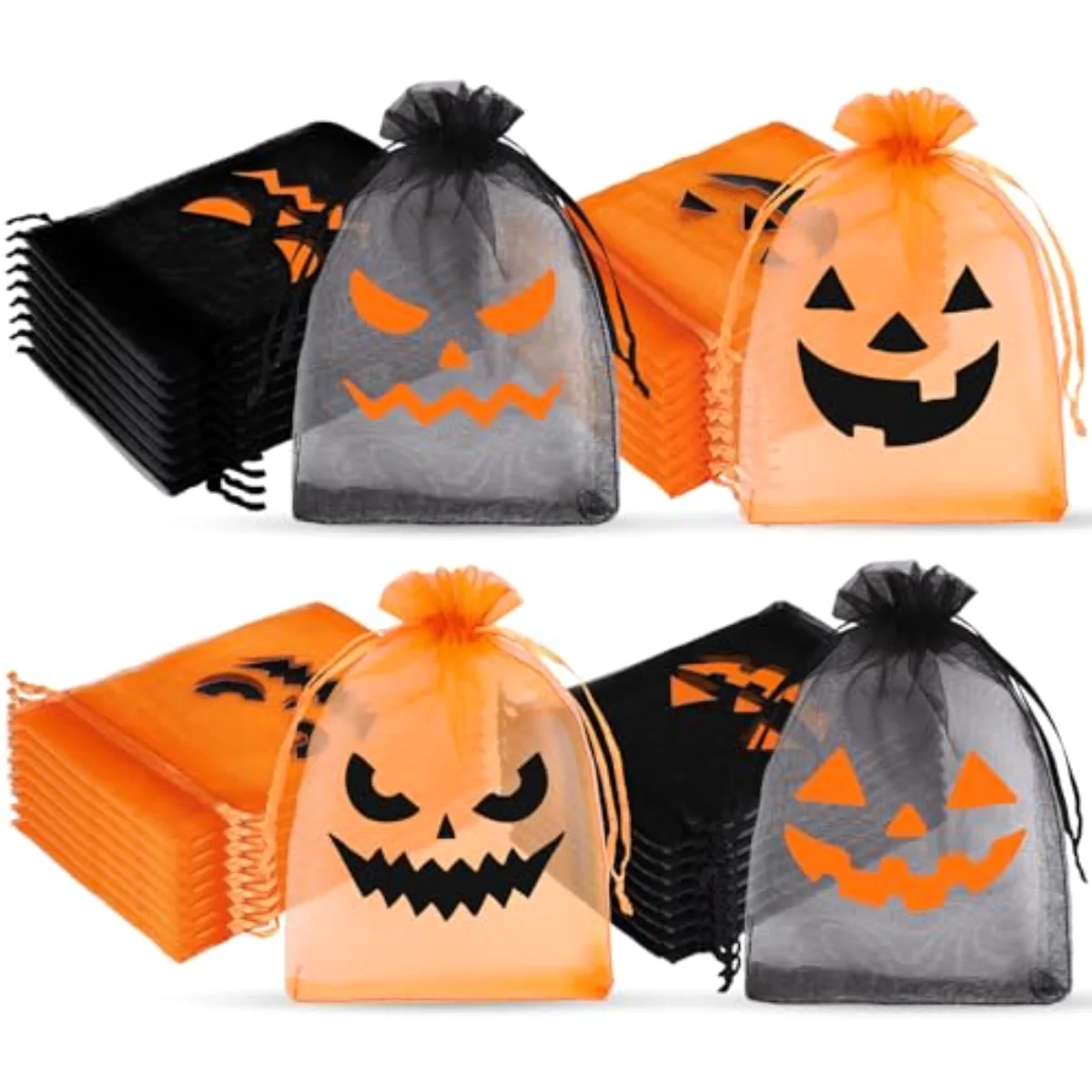 200 Pcs Halloween Organza Bags Black Orange Evil Pumpkin Face Jewelry Gift