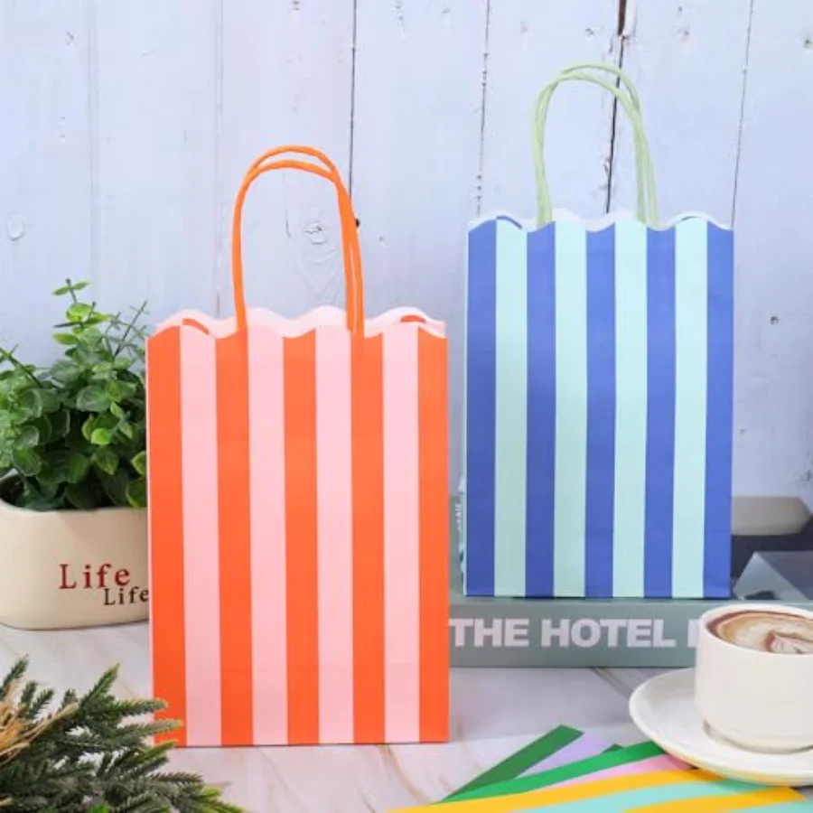 24 Pcs Colorful Striped Paper Gift Bag with Handles, view 4