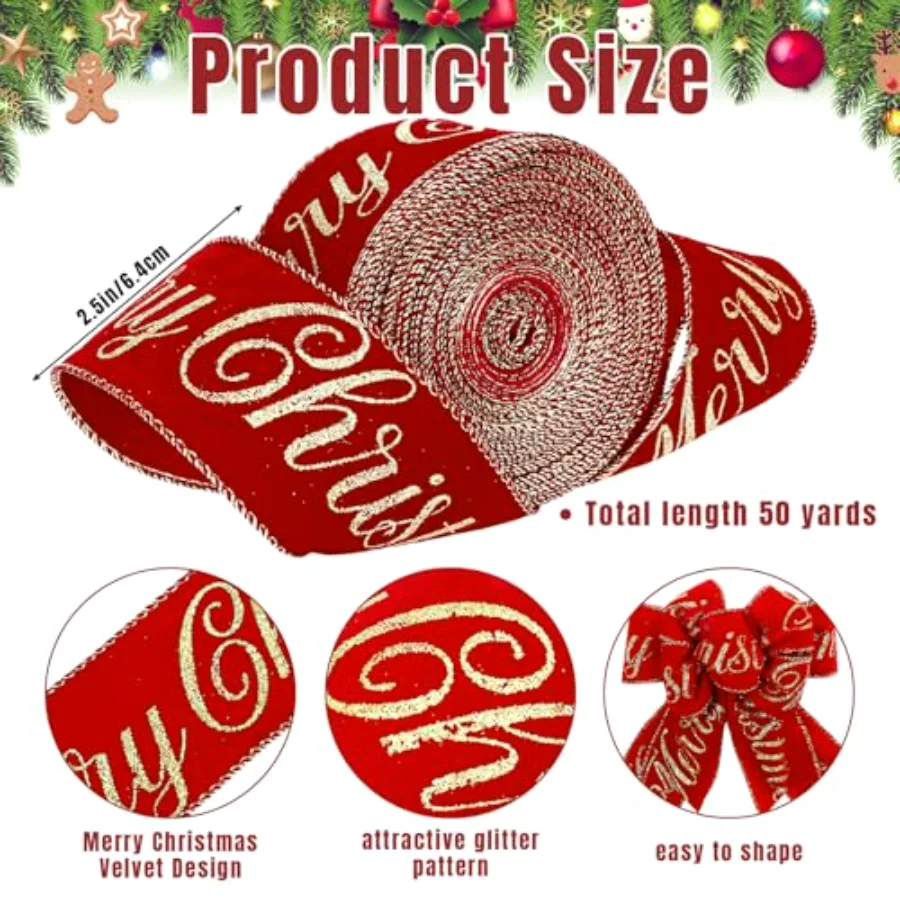 2 Roll Merry Christmas Velvet Wired Edge Ribbon 2.5 Inch 50 Yards Red Gold, view 2