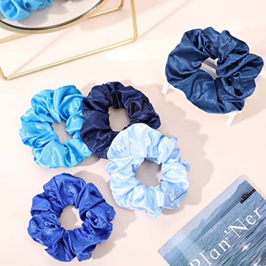 10Pcs Blue Satin Fabric Hair Ties Bulk Ponytail Holders Scrunchies Elastic, view 4