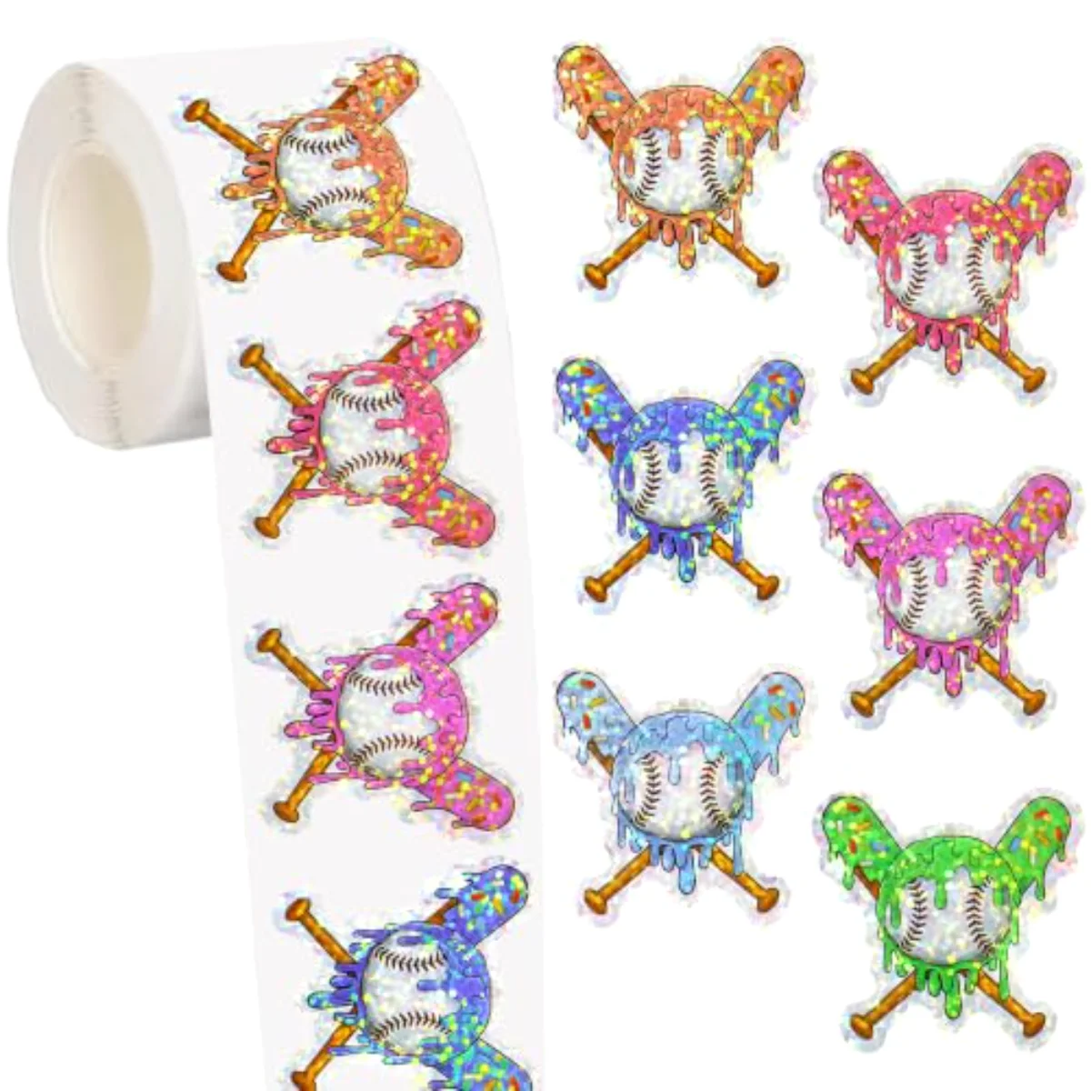 500Pcs Ice Cream Drip Baseball Sticker Roll Holographic Baseball