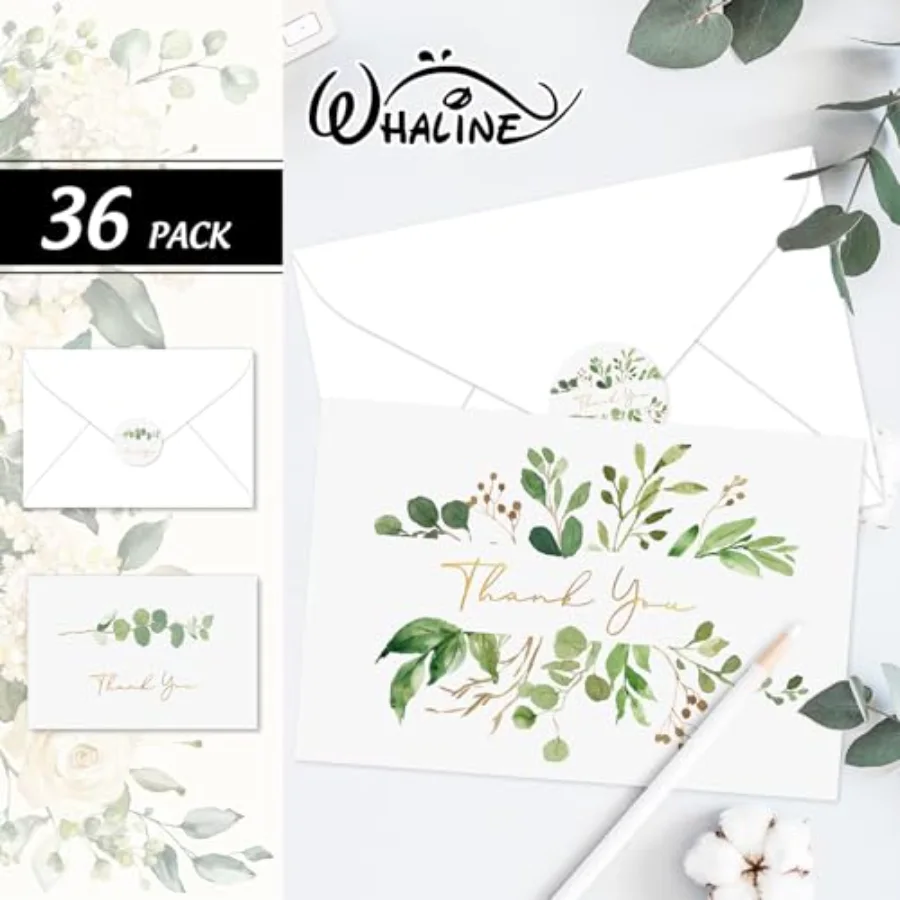 Greenery Thank You Cards Bulk 36 Pack Gold Foil Eucalyptus Greeting Cards, view 3