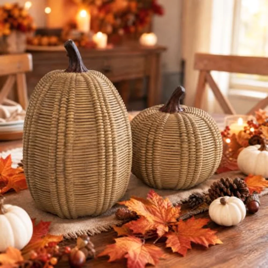 Fall Thanksgiving Pumpkin Decoration 2Pcs Artificial Rattan Resin Pumpkins, view 3