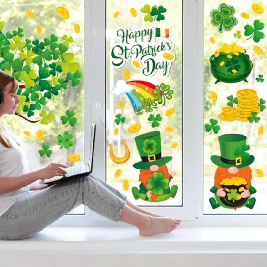 6 Sheets St. Patrick's Day Window Clings Large Clover Tree Gnome Window, view 4