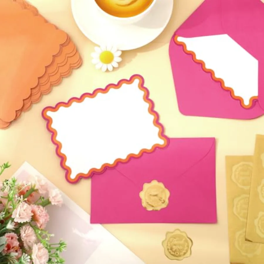 24Pcs Flat Blank Notes with Envelopes Stickers Pink Orange Scalloped, view 3