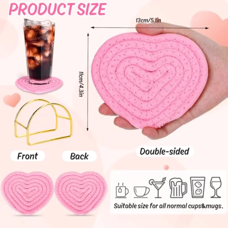 Valentine's Day Heart Coasters Pink Love Heart Shape Handmade Braided, view 2