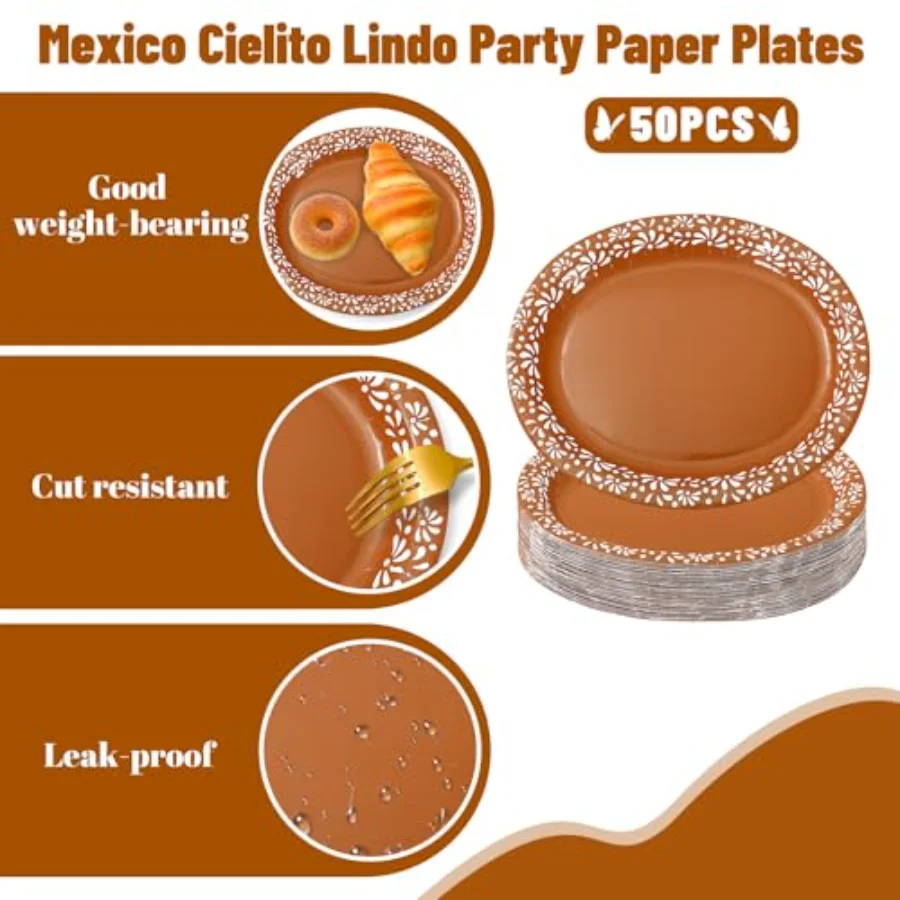50 Pcs Cielito Lindo Paper Plates 12 x 10 Inch Platos De Barro Mexicanos, view 3
