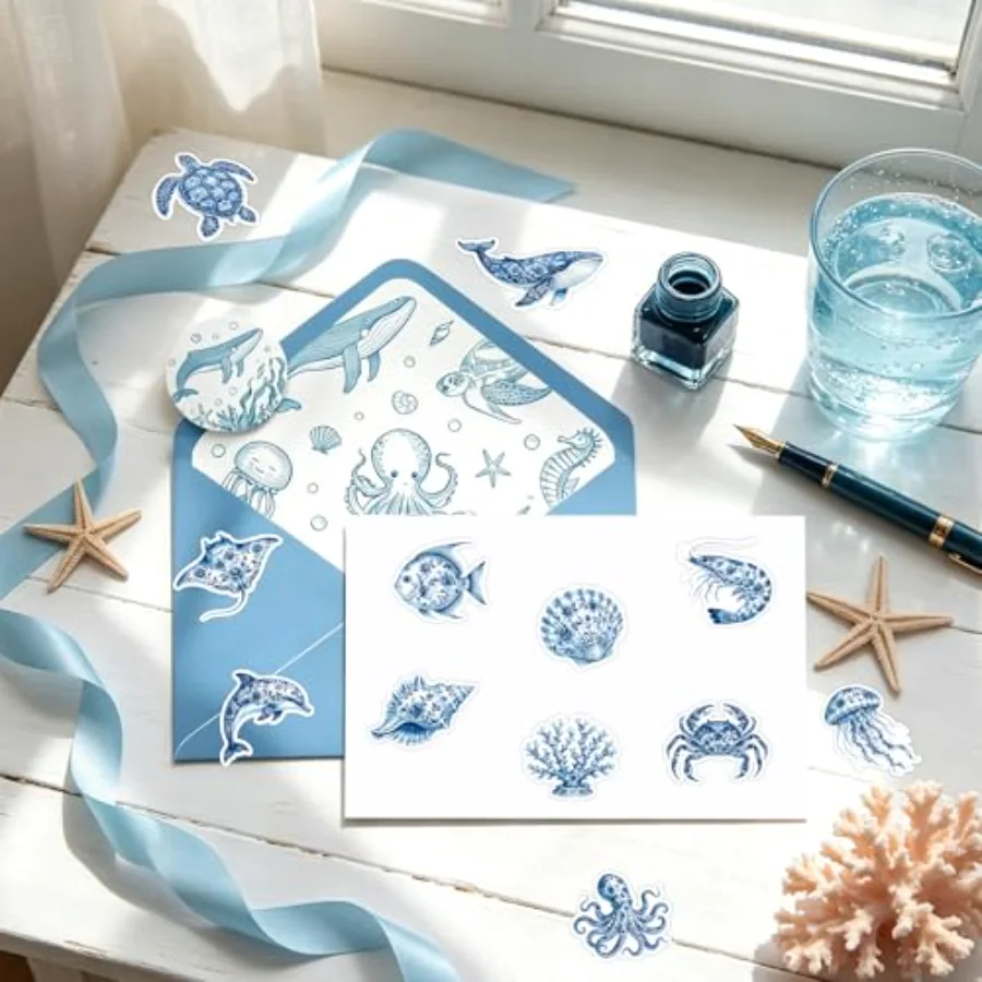 1000Pcs Summer Ocean Animal Sticker Roll Blue Sea Creature Stickers, view 4